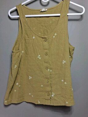 Cottagecore Floral Button Up Mustard Cotton Tank Top Gorpcore Prairie Large